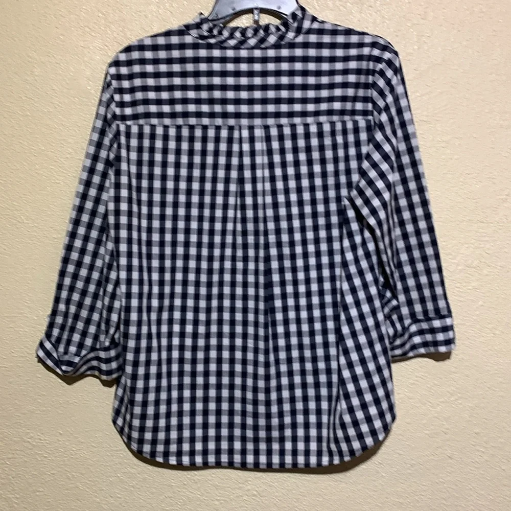Anne Klein Navy and White Top Gingham Plaid Front Buttons 3/4 Sleeve Cotton - Picture 13 of 16